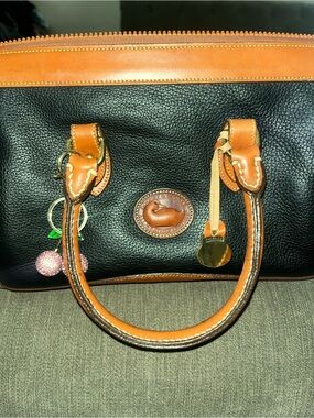 Dooney & Bourke Black Pebble Leather Satchel with Tan Trim and Handles